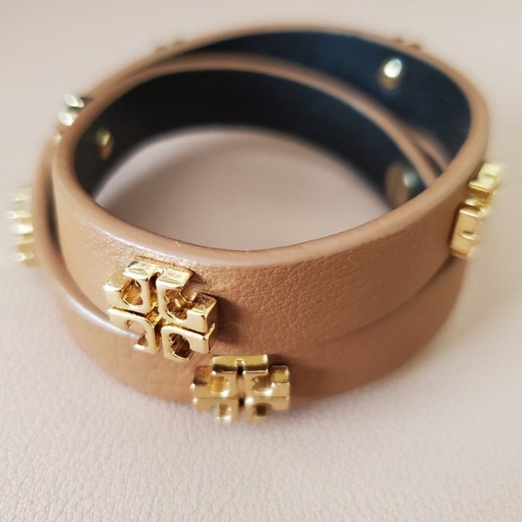 Tory Burch Double Wrap Logo Bracelet Leather Tan Gold - Picture 2 of 12